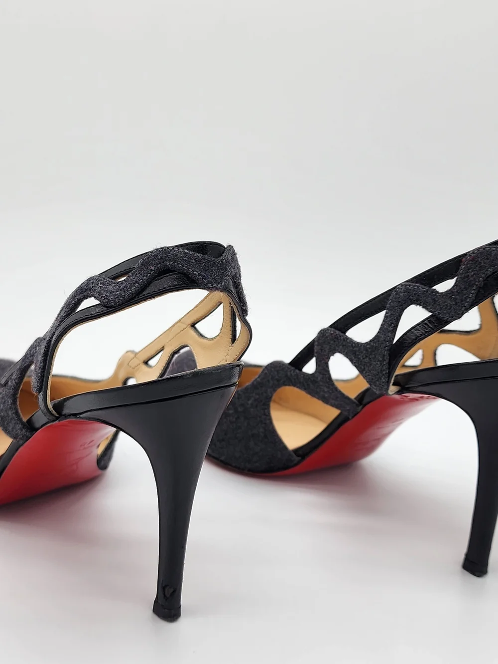 Vintage Christian Louboutin Dark Grey Flannel Cutout Slingback Heels Size EU 40